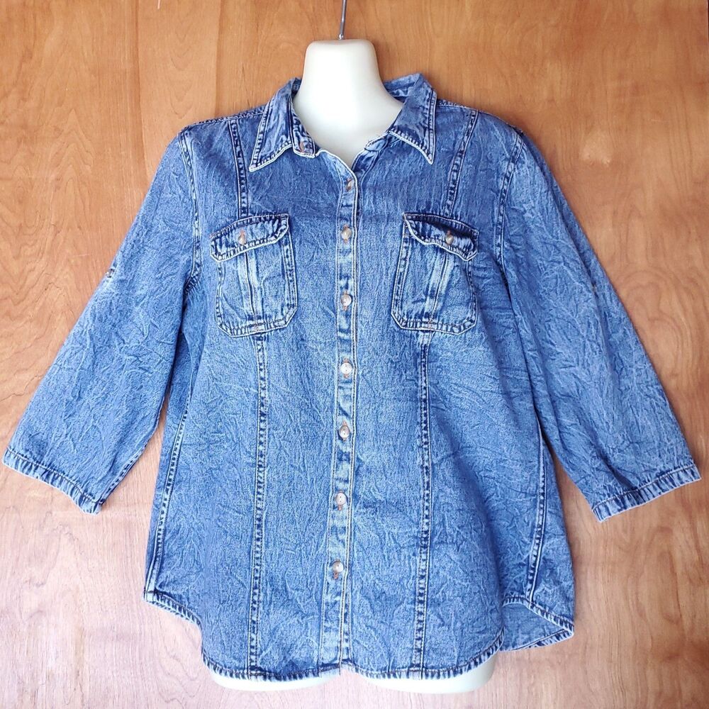 Tantrums Blue Denim Button Up Shirt Size L Cotton 3/4 Roll Tab Sleeve Pockets